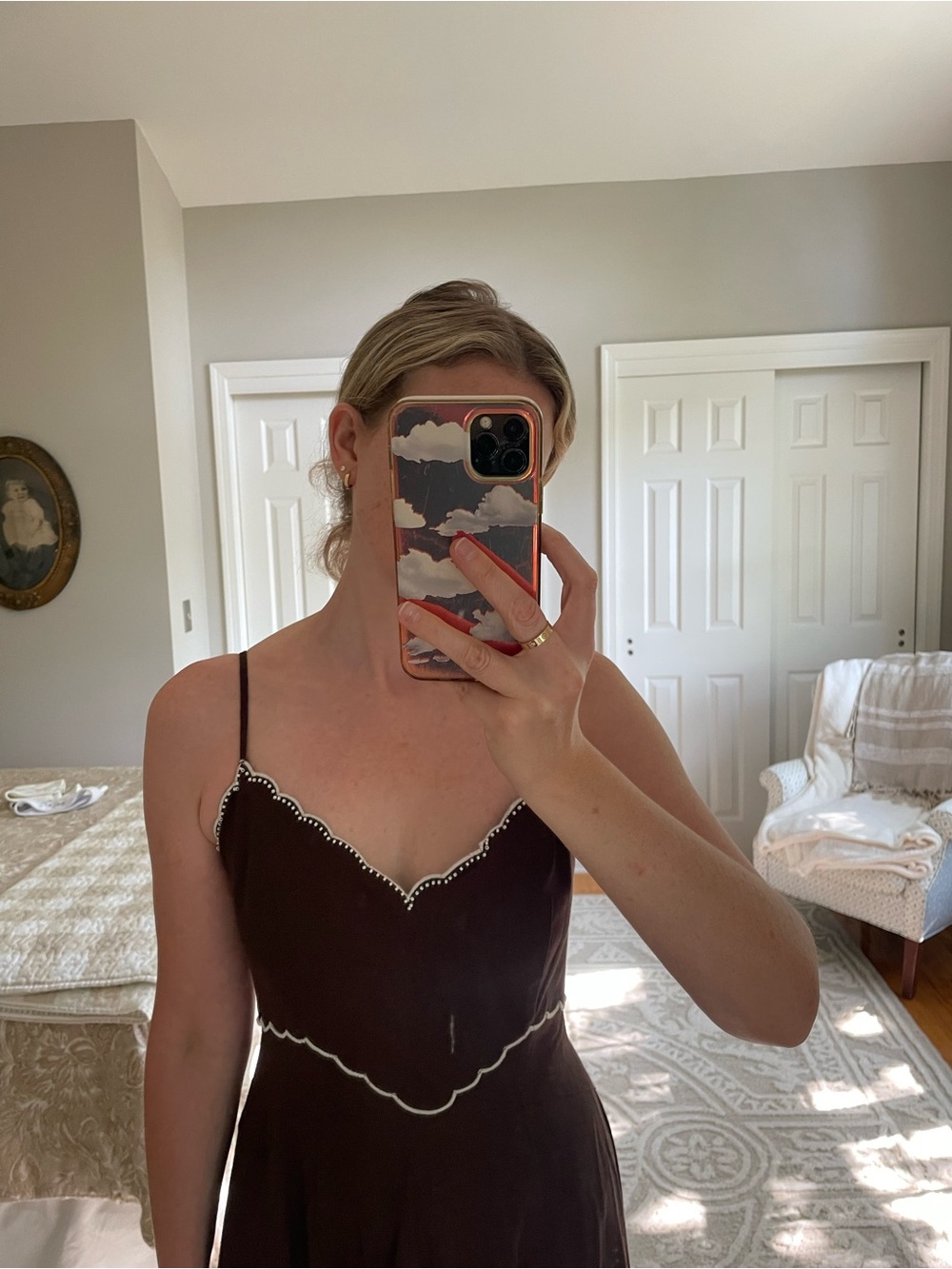 NWT Caroline Constas Brown Scallop-Trim Spaghetti-Strap Midi Dress || Size XS - Picture 3 of 8